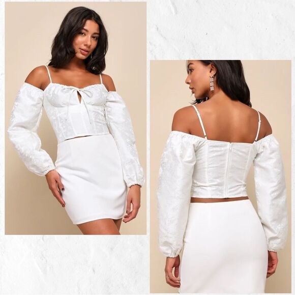 NWT Lulus Romantic Expression Ivory Jacquard Off-the-Shoulder Bustier Top - Picture 1 of 10